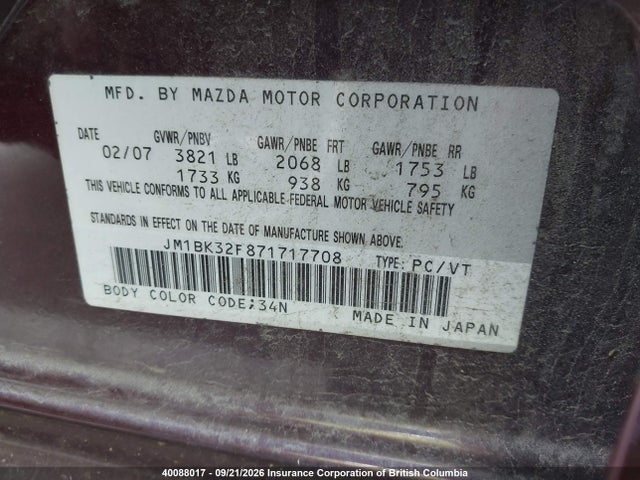 Aukcja sprzedaży 2007 Mazda 3 I, vin: JM1BK32F871717708, numer aukcji: 40088017