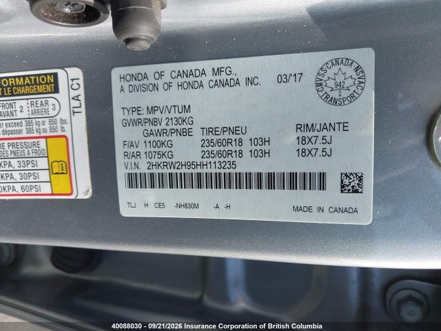 Honda CR-V 2017 2HKRW2H95HH113235 Image 9