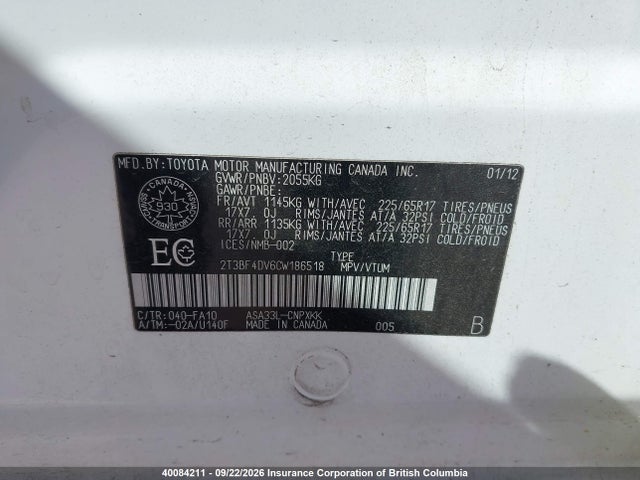 Продажа на аукционе авто 2012 Toyota Rav4, vin: 2T3BF4DV6CW186518, номер лота: 40084211
