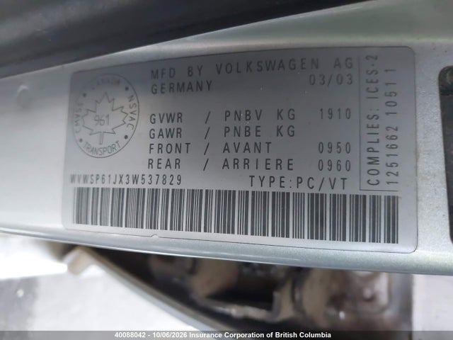 Aukcja sprzedaży 2003 Volkswagen Jetta, vin: WVWSP61JX3W537829, numer aukcji: 40088042
