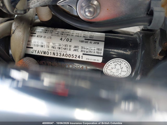 40088047 :رقم المزاد ، JYAVM01N33A005241 vin ، 2003 Yamaha Xvs65 A مزاد بيع