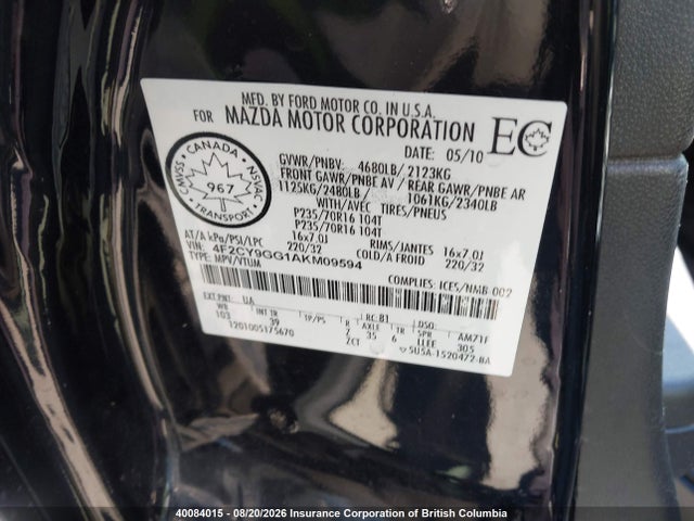 Aukcja sprzedaży 2010 Mazda Tribute S, vin: 4F2CY9GG1AKM09594, numer aukcji: 40084015