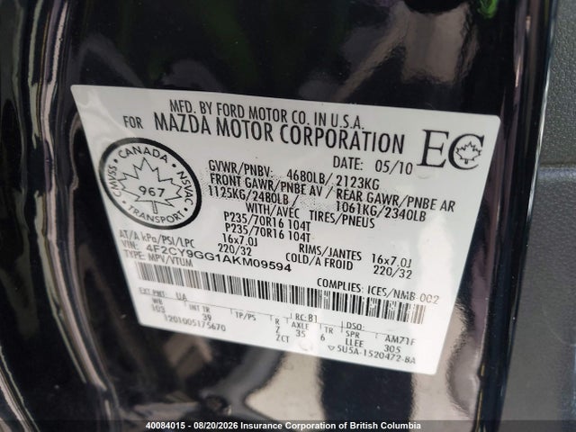 Aukcja sprzedaży 2010 Mazda Tribute S, vin: 4F2CY9GG1AKM09594, numer aukcji: 40084015