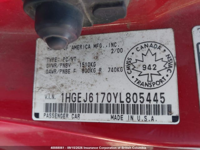 Aukcja sprzedaży 2000 Honda Civic, vin: 1HGEJ6170YL805445, numer aukcji: 40088061