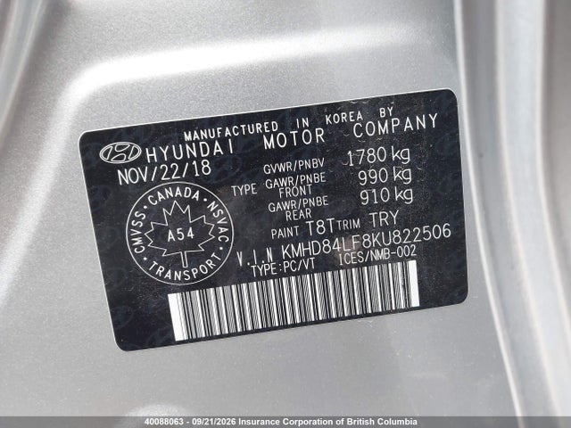 Auction sale of the 2019 Hyundai Elantra Sel/value/limited, vin: KMHD84LF8KU822506, lot number: 40088063