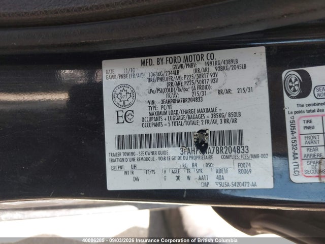 Aukcja sprzedaży 2011 Ford Fusion Se, vin: 3FAHP0HA7BR204833, numer aukcji: 40086285