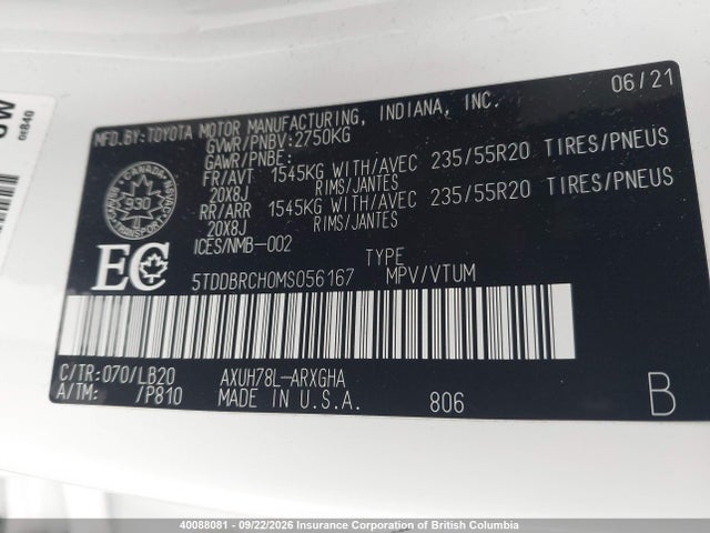 Продажа на аукционе авто 2021 Toyota Highlander Hybrid Limited, vin: 5TDDBRCH0MS056167, номер лота: 40088081