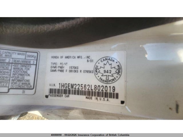 Aukcja sprzedaży 2002 Honda Civic, vin: 1HGEM22562L802019, numer aukcji: 40088098