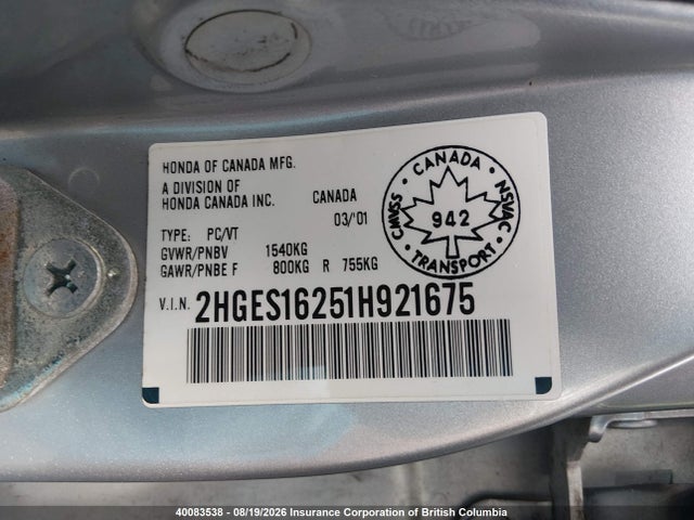 Aukcja sprzedaży 2001 Honda Civic Dx, vin: 2HGES16251H921675, numer aukcji: 40083538