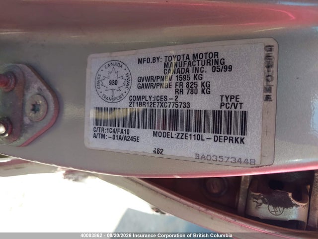 Продажа на аукционе авто 1999 Toyota Corolla Ve/ce/le, vin: 2T1BR12E7XC775733, номер лота: 40083862