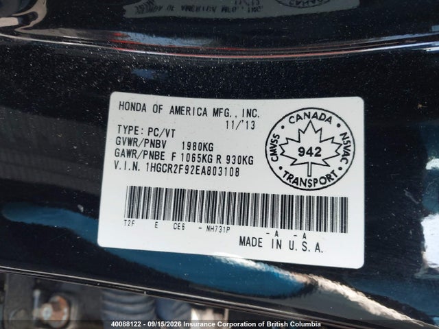 1HGCR2F92EA803108 Honda Accord Touring