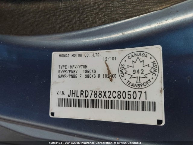 Aukcja sprzedaży 2002 Honda Cr-v Ex, vin: JHLRD788X2C805071, numer aukcji: 40088133
