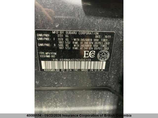 40088154 :رقم المزاد ، 4S4WMAAD2N3400729 vin ، 2022 Subaru Ascent Convenience مزاد بيع