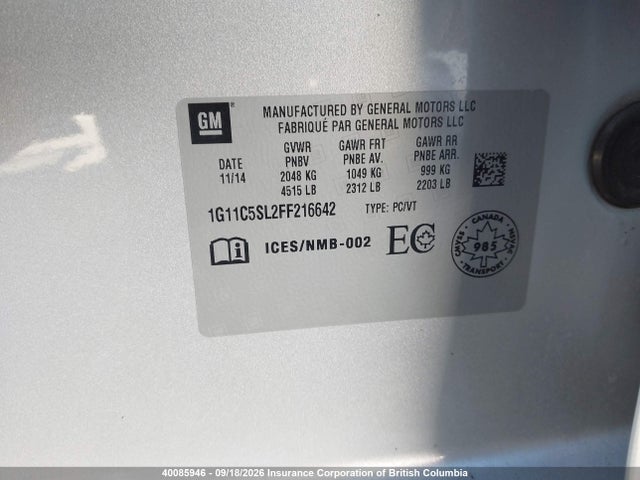 Chevrolet MALIBU 1LT 2015 1G11C5SL2FF216642 Image 9