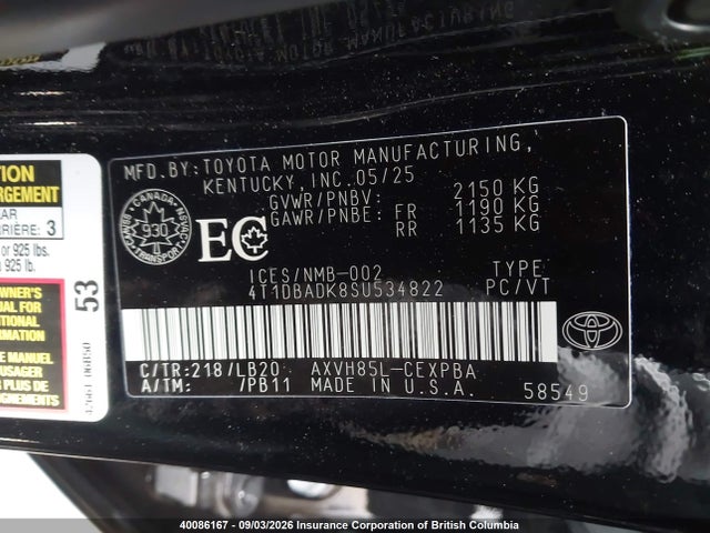 Продажа на аукционе авто 2025 Toyota Camry Xse/xle/le/se, vin: 4T1DBADK8SU534822, номер лота: 40086167