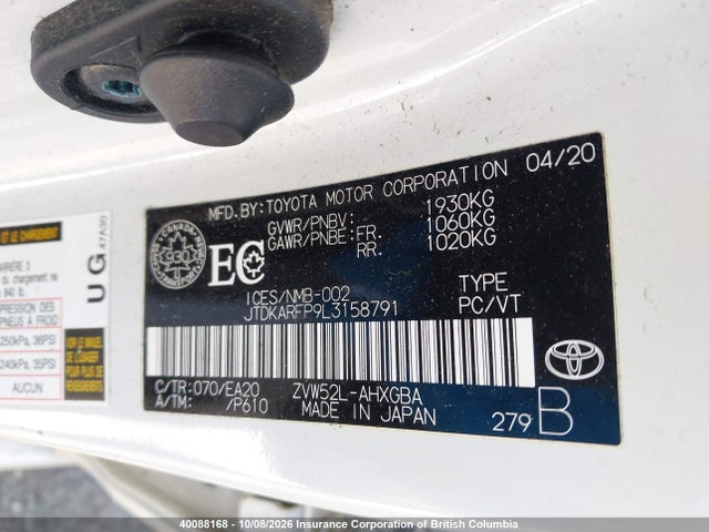 40088168 :رقم المزاد ، JTDKARFP9L3158791 vin ، 2020 Toyota Prius مزاد بيع
