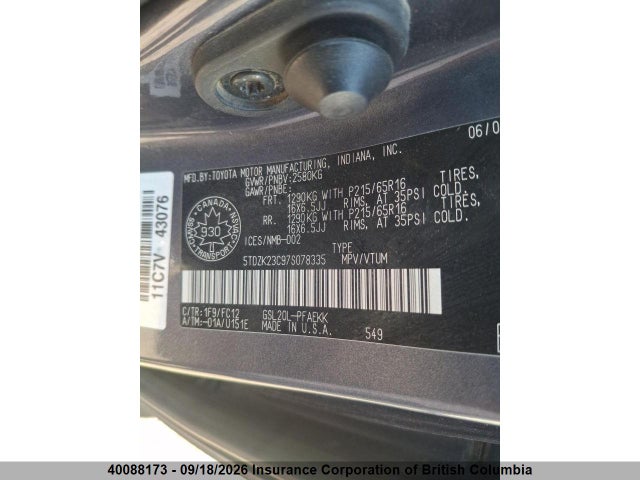 2007 Toyota Sienna Ce/le მანქანა იყიდება აუქციონზე, vin: 5TDZK23C97S078335, აუქციონის ნომერი: 40088173