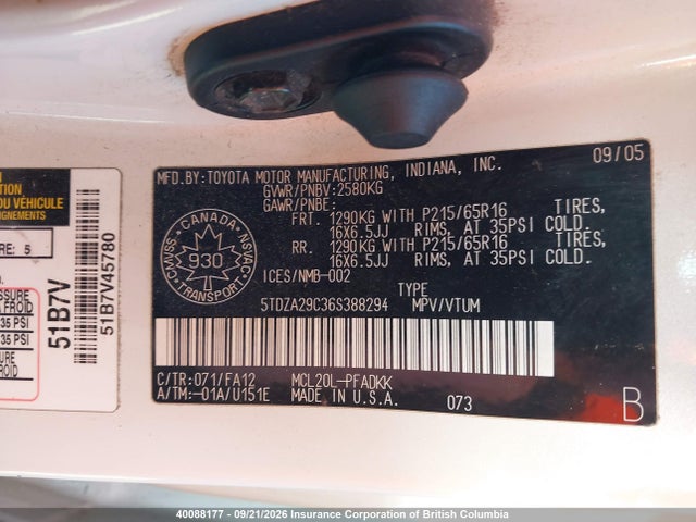 Aukcja sprzedaży 2006 Toyota Sienna Ce, vin: 5TDZA29C36S388294, numer aukcji: 40088177