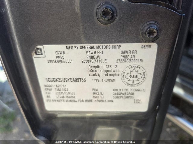 40088181 :رقم المزاد ، 1GCGK29U9YE409736 vin ، 2000 Chevrolet Silverado K2500 مزاد بيع