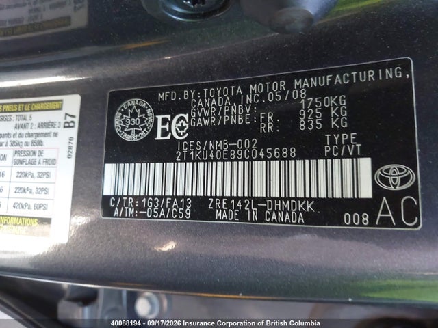 40088194 :رقم المزاد ، 2T1KU40E89C045688 vin ، 2009 Toyota Matrix مزاد بيع