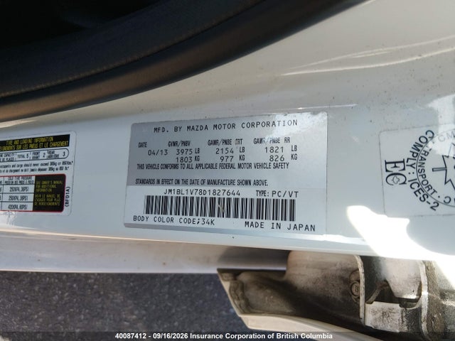 40087412 :رقم المزاد ، JM1BL1V78D1827644 vin ، 2013 Mazda 3 I مزاد بيع