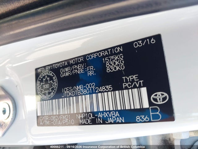 JTDKDTB38G1124835 Toyota Prius
