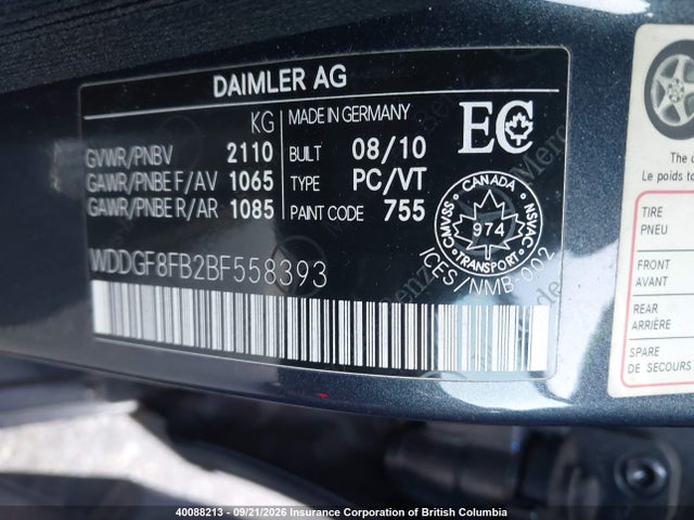 40088213 :رقم المزاد ، WDDGF8FB2BF558393 vin ، 2011 Mercedes-benz C 250 4matic مزاد بيع