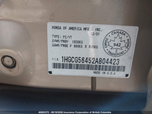 Продаж на аукціоні авто 2002 Honda Accord Lx, vin: 1HGCG56452A804423, номер лоту: 40083372