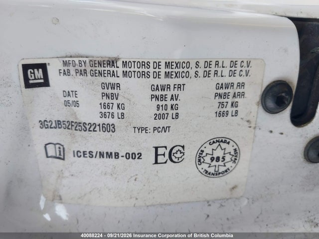 40088224 :رقم المزاد ، 3G2JB52F25S221603 vin ، 2005 Pontiac Sunfire Sl/slx مزاد بيع