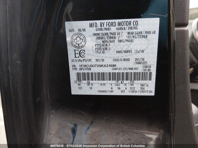 Aukcja sprzedaży 2009 Ford Escape Xlt, vin: 1FMCU937X9KA31686, numer aukcji: 40076038