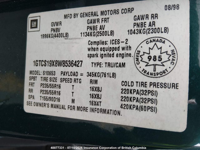 Aukcja sprzedaży 1998 Gmc Sonoma, vin: 1GTCS19X8W8536427, numer aukcji: 40077331