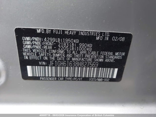 Aukcja sprzedaży 2008 Subaru Impreza 2.5i, vin: JF1GH61638H827569, numer aukcji: 40085719