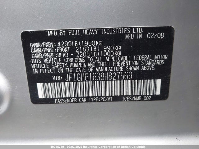 Aukcja sprzedaży 2008 Subaru Impreza 2.5i, vin: JF1GH61638H827569, numer aukcji: 40085719