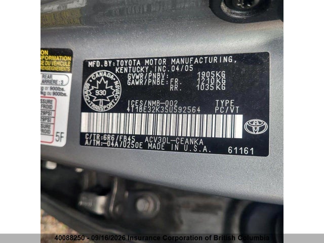 40088250 :رقم المزاد ، 4T1BE32K35U592564 vin ، 2005 Toyota Camry مزاد بيع
