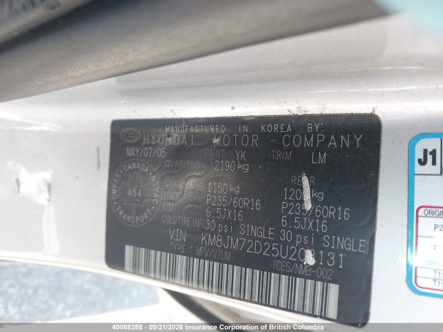 40088258 :رقم المزاد ، KM8JM72D25U203131 vin ، 2005 Hyundai Tucson Gl/gls مزاد بيع