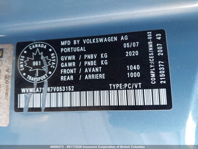 Продажа на аукционе авто 2007 Volkswagen Eos, vin: WVWEA71F67V053152, номер лота: 40088272