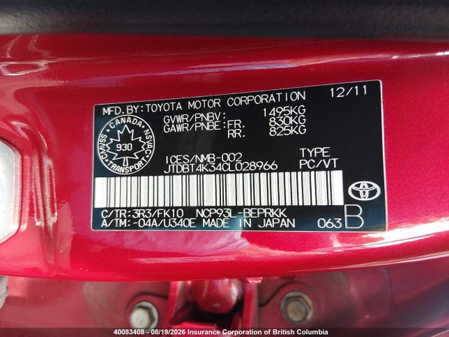 Aukcja sprzedaży 2012 Toyota Yaris, vin: JTDBT4K34CL028966, numer aukcji: 40083408