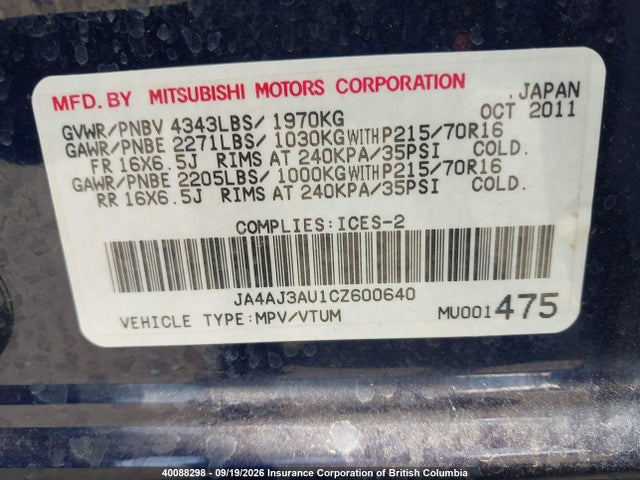 40088298 :رقم المزاد ، JA4AJ3AU1CZ600640 vin ، 2012 Mitsubishi Rvr مزاد بيع