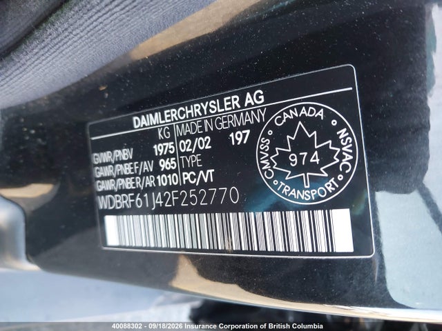 40088302 :رقم المزاد ، WDBRF61J42F252770 vin ، 2002 Mercedes-benz C 240 Classic/elegance/sport مزاد بيع