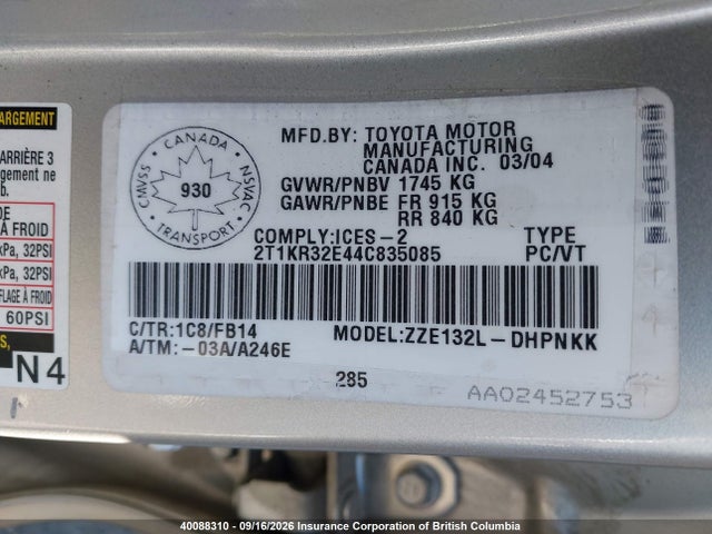 Aukcja sprzedaży 2004 Toyota Matrix Xr, vin: 2T1KR32E44C835085, numer aukcji: 40088310