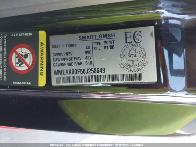 40088315 :رقم المزاد ، WMEAK00F56J258649 vin ، 2006 Smart Fortwo مزاد بيع