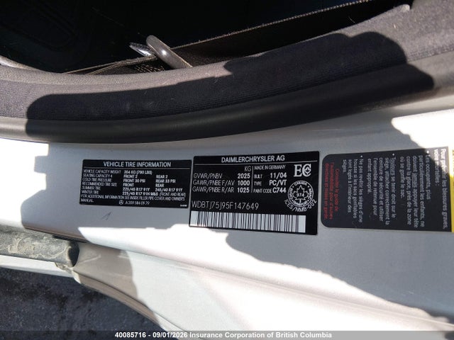 40085716 :رقم المزاد ، WDBTJ75J95F147649 vin ، 2005 Mercedes-benz Clk 500 مزاد بيع