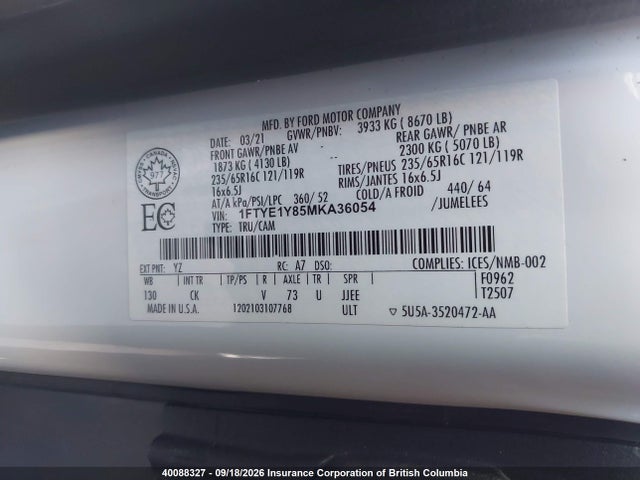 Ford Transit T-150 2021 1FTYE1Y85MKA36054 Image 9