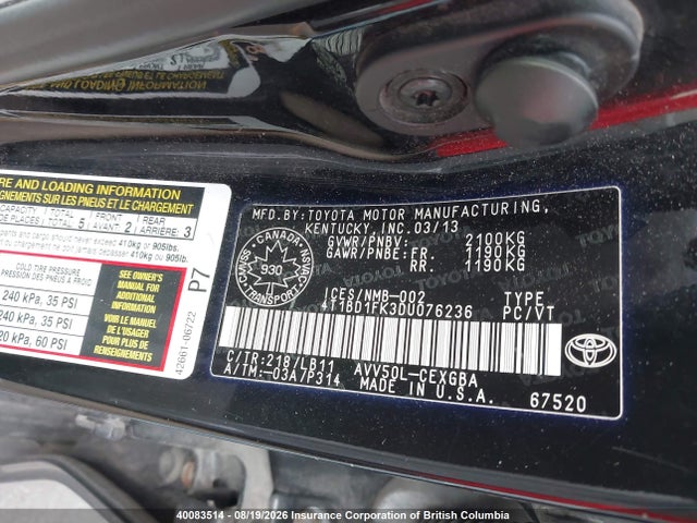 40083514 :رقم المزاد ، 4T1BD1FK3DU076236 vin ، 2013 Toyota Camry Hybrid/le/xle مزاد بيع