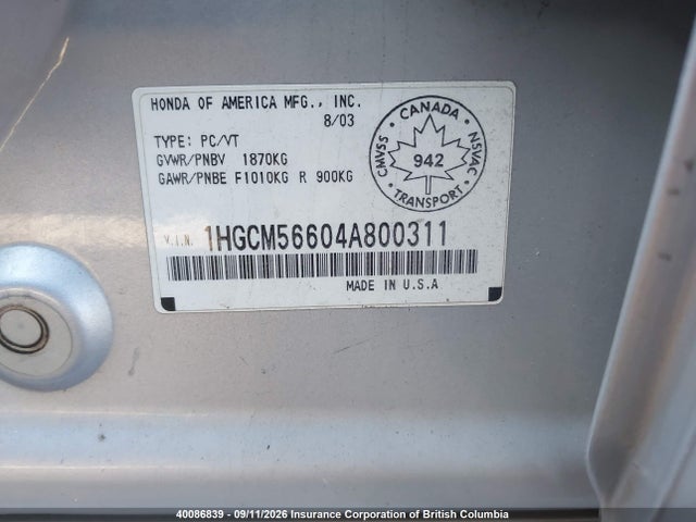 Auction sale of the 2004 Honda Accord Ex, vin: 1HGCM56604A800311, lot number: 40086839