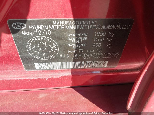 2011 Hyundai Sonata Gls მანქანა იყიდება აუქციონზე, vin: 5NPEB4AC5BH072026, აუქციონის ნომერი: 40088335