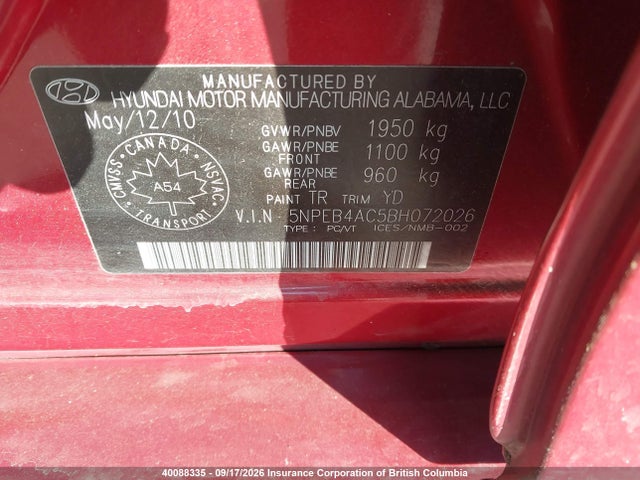 2011 Hyundai Sonata Gls მანქანა იყიდება აუქციონზე, vin: 5NPEB4AC5BH072026, აუქციონის ნომერი: 40088335