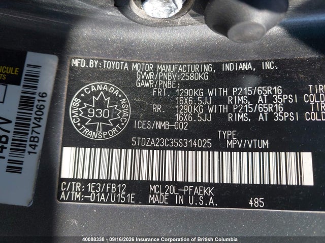 Aukcja sprzedaży 2005 Toyota Sienna Ce/le, vin: 5TDZA23C35S314025, numer aukcji: 40088338
