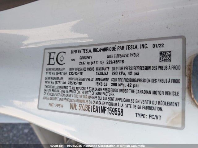 Tesla MODEL 3 2022 5YJ3E1EA1NF159558 Image 9