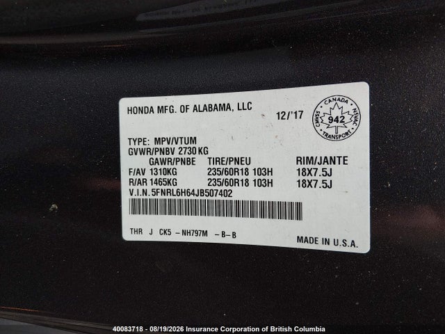 Honda ODYSSEY EXL 2018 5FNRL6H64JB507402 Image 9